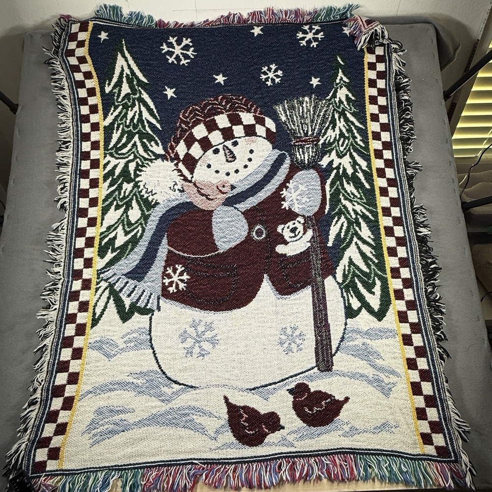 Winter Snowman Wildlife Scene Throw Blanket 42x50 Afghan‎ Tapestry Cardinal